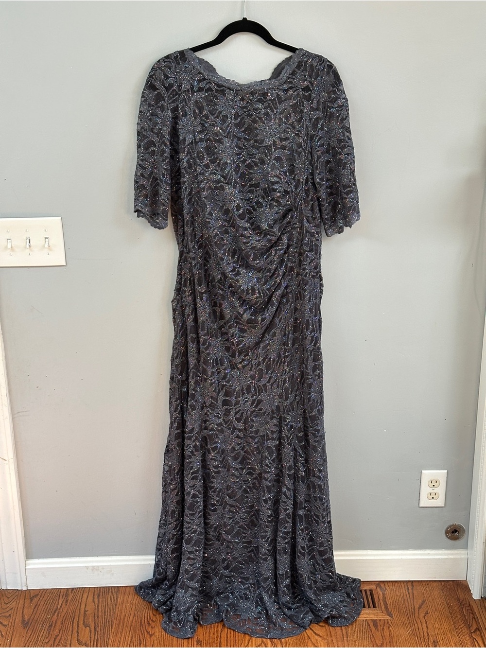 NW Woman 18W Gray Metallic Lace Ruched Formal Gown